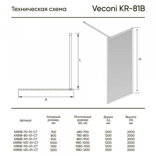 Душевая перегородка Veconi Korato KR-81B, 700x2000, черный, стекло прозрачное
