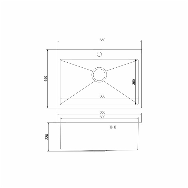 Мойка настол.монтаж 65х45 (3,0) вып 3 1/2  MIXLINE PRO 22см с сифоном (черный графит)
